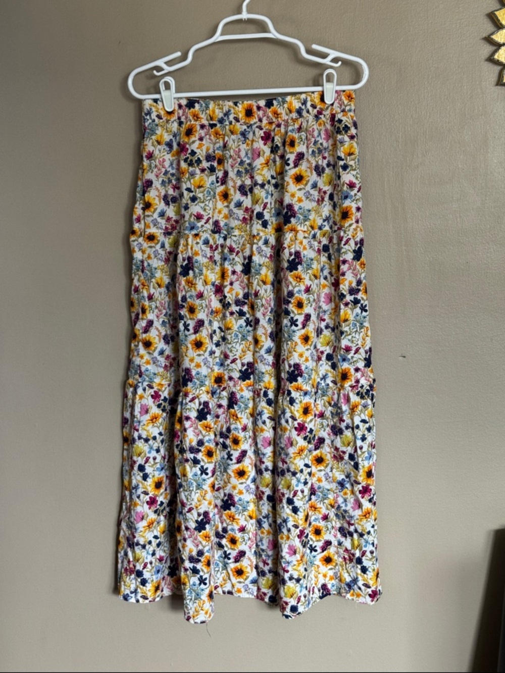 Old Navy White Floral Tiered Maxi Skirt with Yellow & Purple Flowers